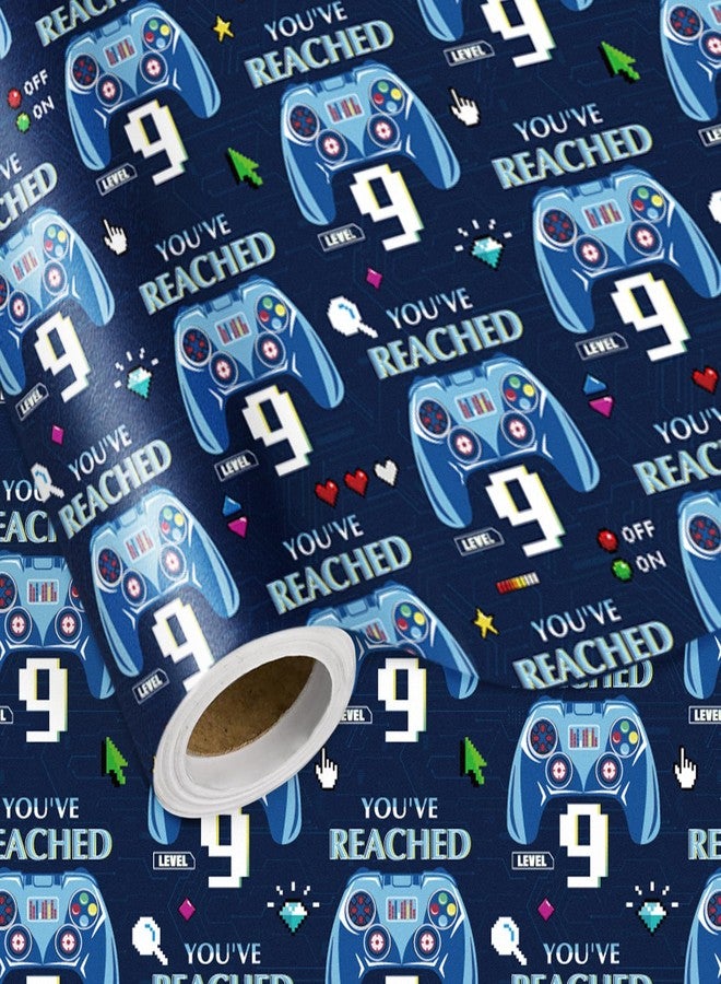 LeZakaa 9th Birthday Wrapping Paper Roll for Kids Boys, Level 9 Game Controller & Pixel Icons Blue Age9 Birthday Gift Wrap, Gamer Party Decorations, Mini Roll 17 in x 16.4 Ft - Image 1